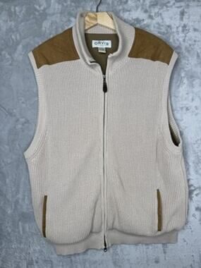 Orvis Sweater Vest Mens XL Beige Waffle Knit Mock Neck Full Zip Suede Pockets